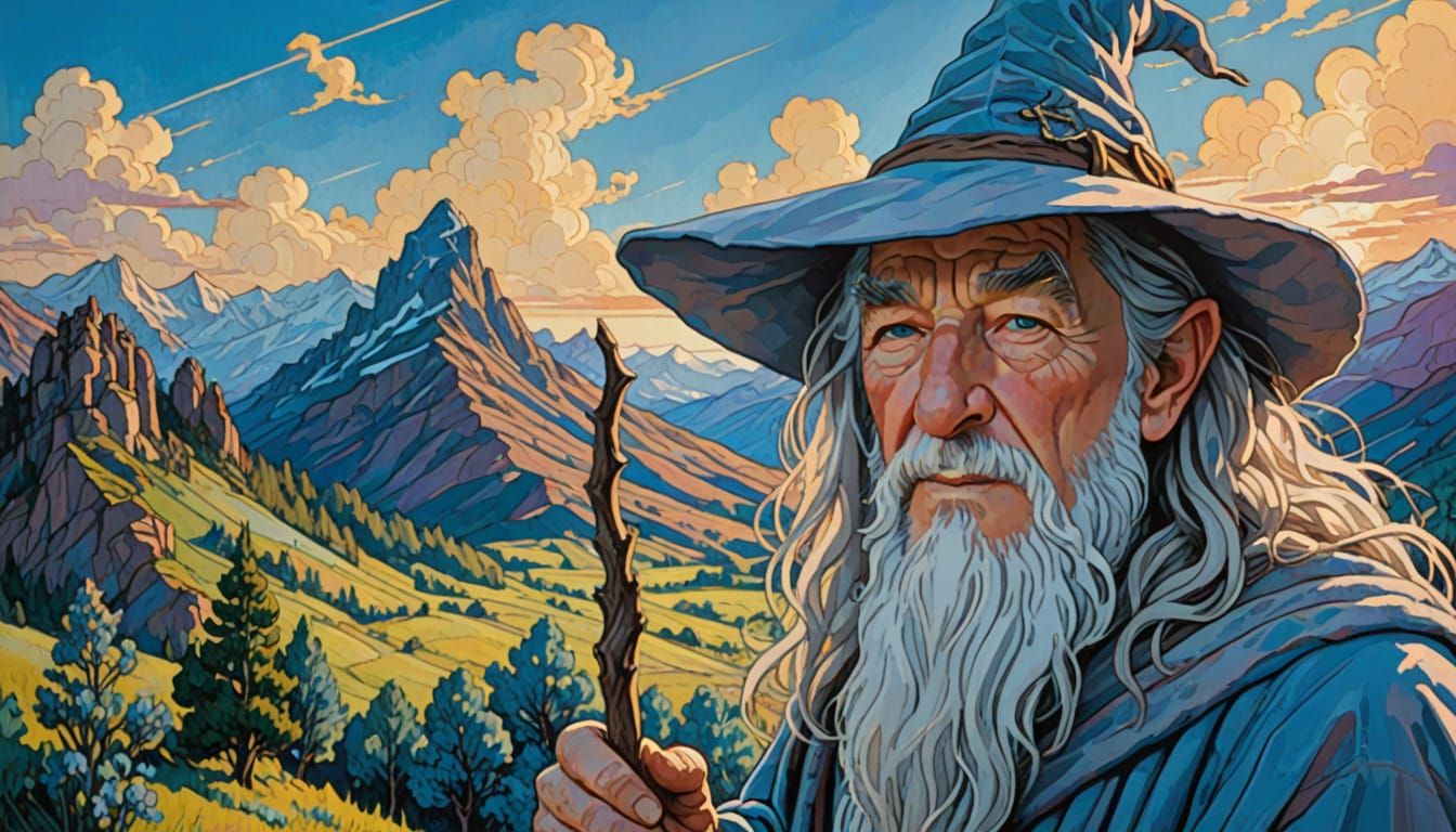 Grey Wizard Stands Tall Under Bright Blue Skies