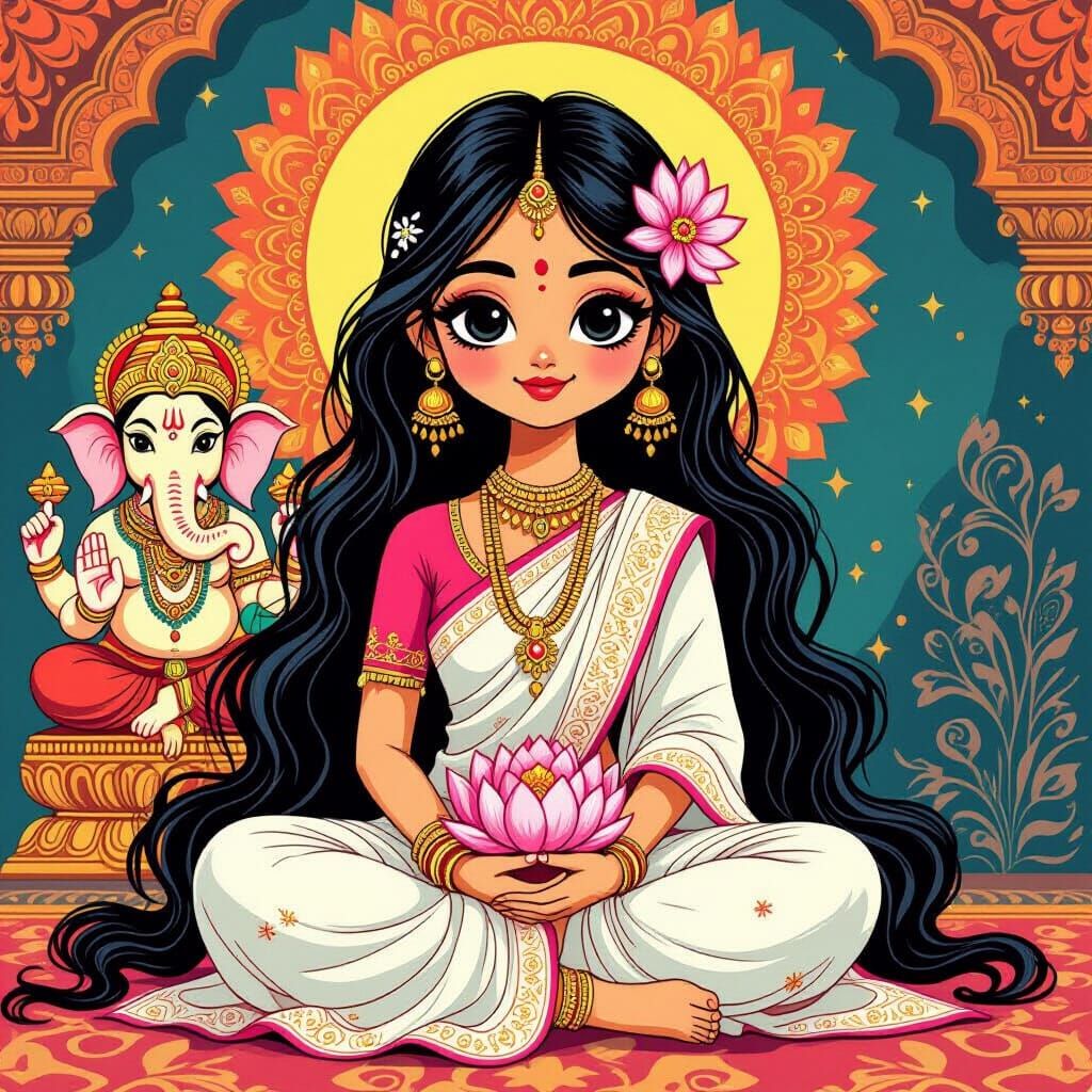 Indian Girl Meditating Near Ganesh in Psychedelic Style