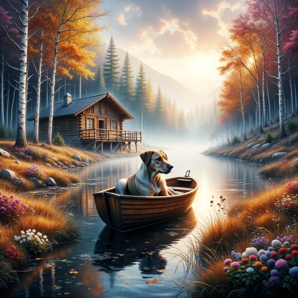 Dog in Boat on Misty Lake: Ethereal Oil Painting