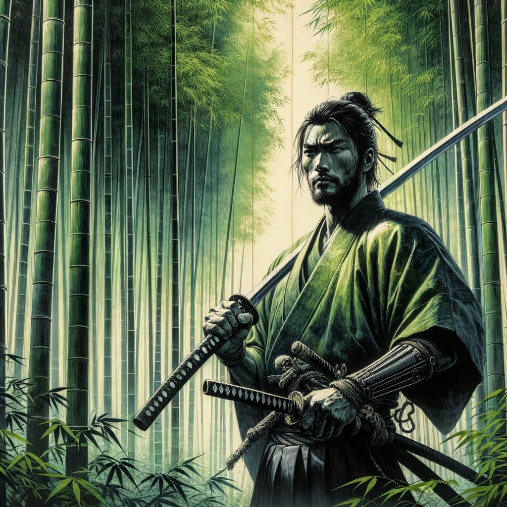 Samurai Warrior in Bamboo Forest: Ink Wash Painting