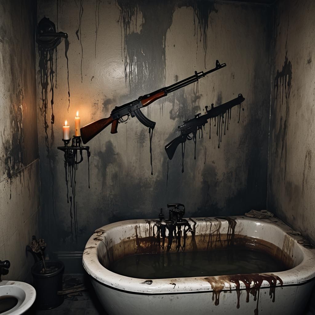 Dark Fantasy Haunted Bathroom with AK-47