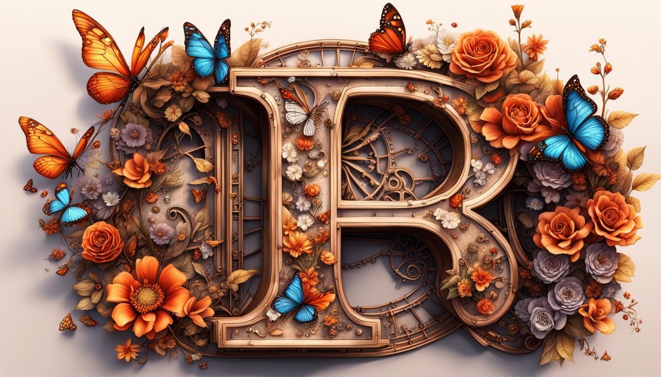 Hyper-Realistic Letter P with Flowers and Butterflies