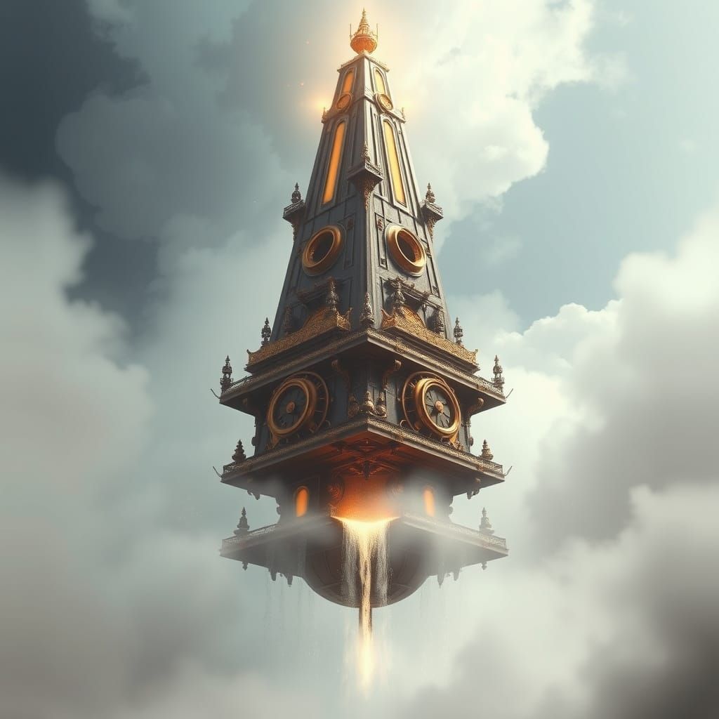 Steampunk Obelisk with Upward Waterfall in Dreamlike Scene