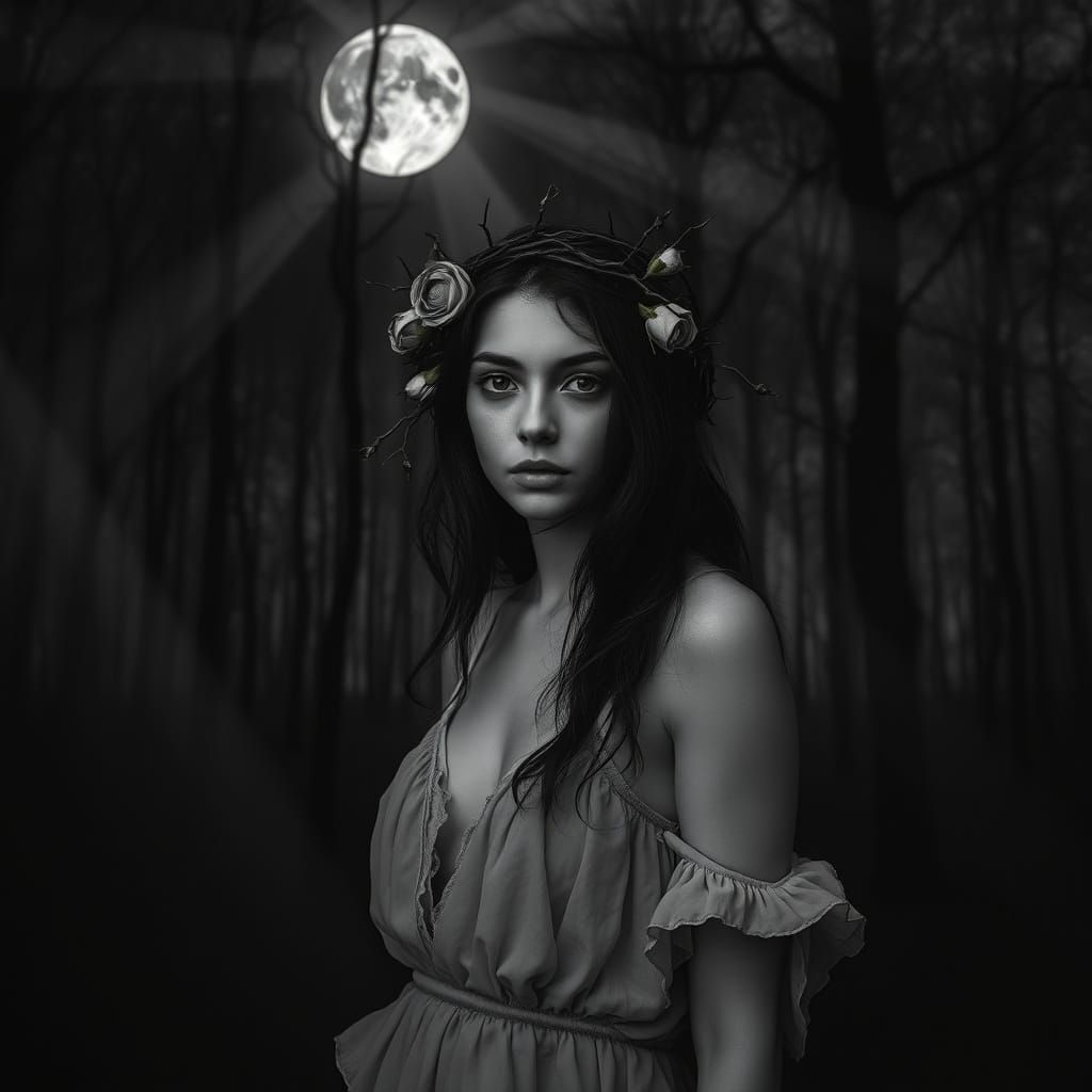 Melancholy Woman in Moonlit Forest, Surreal Black and White ...