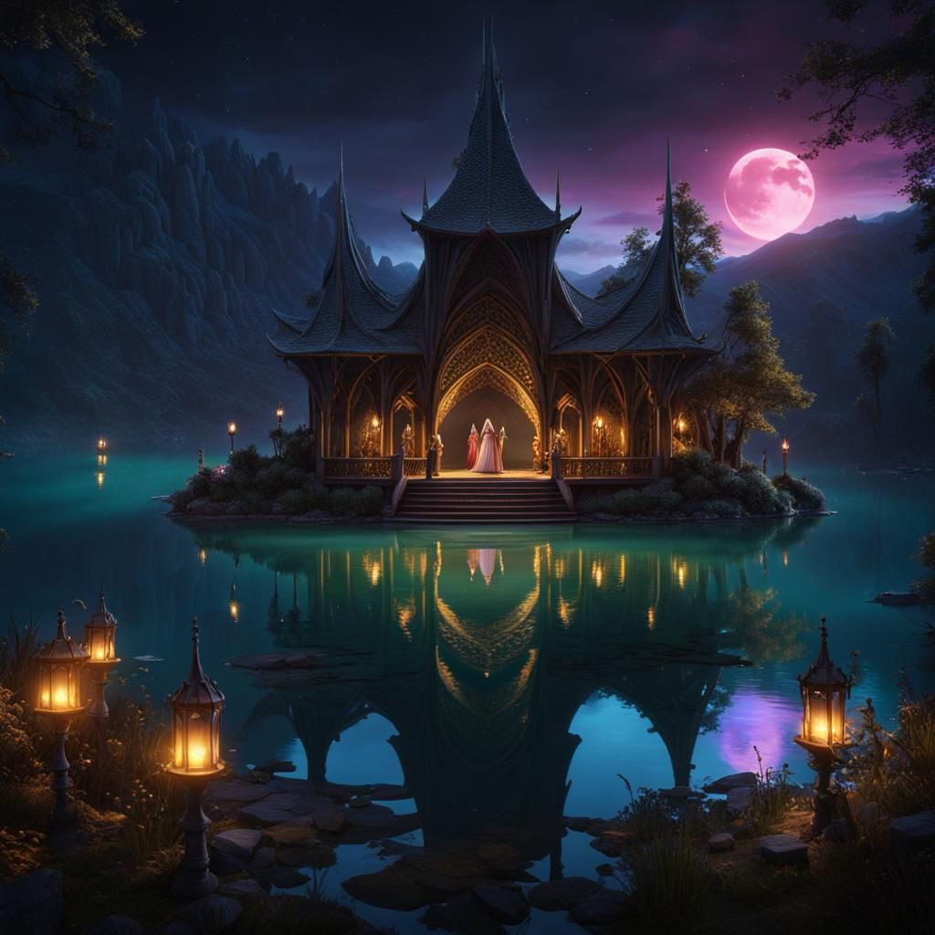 Enchanted Lake: Hooded Witches in Fantasy Night