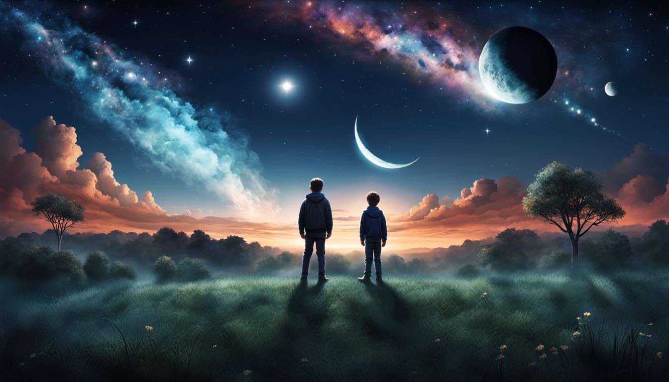 Hyperrealistic Cosmic Sky Gazing with Father and Son