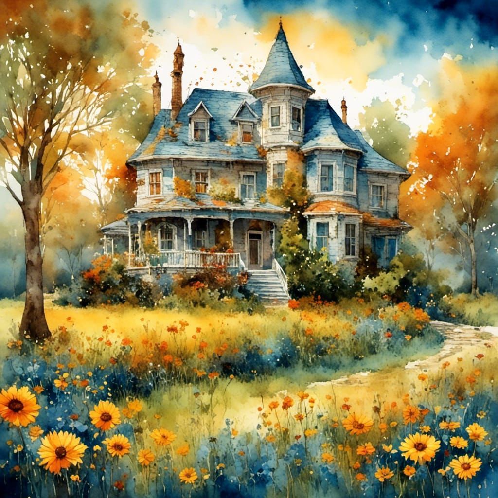 Elegant House with Multi-Colored Trees in Gouache Style