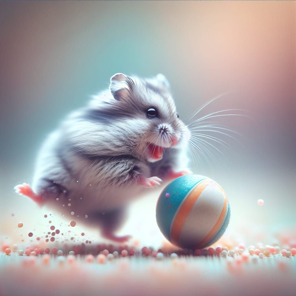 Cheerful Dwarf Hamster Plays with Toy Ball in Soft Pastel Wo...
