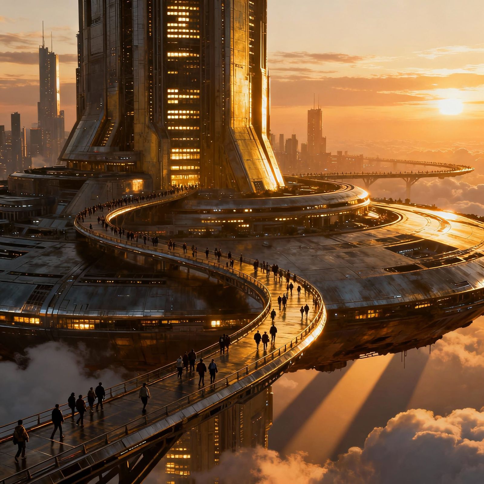 Futuristic Cloud City on Metal Island at Sunset