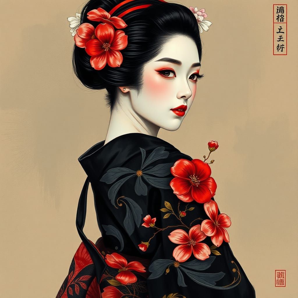 Geisha in Black Kimono, Dry Brush Impasto Style