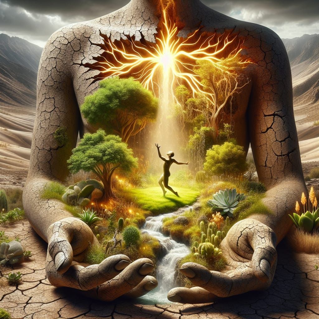 Earth Figure Gazing at Oasis of Inner Peace
