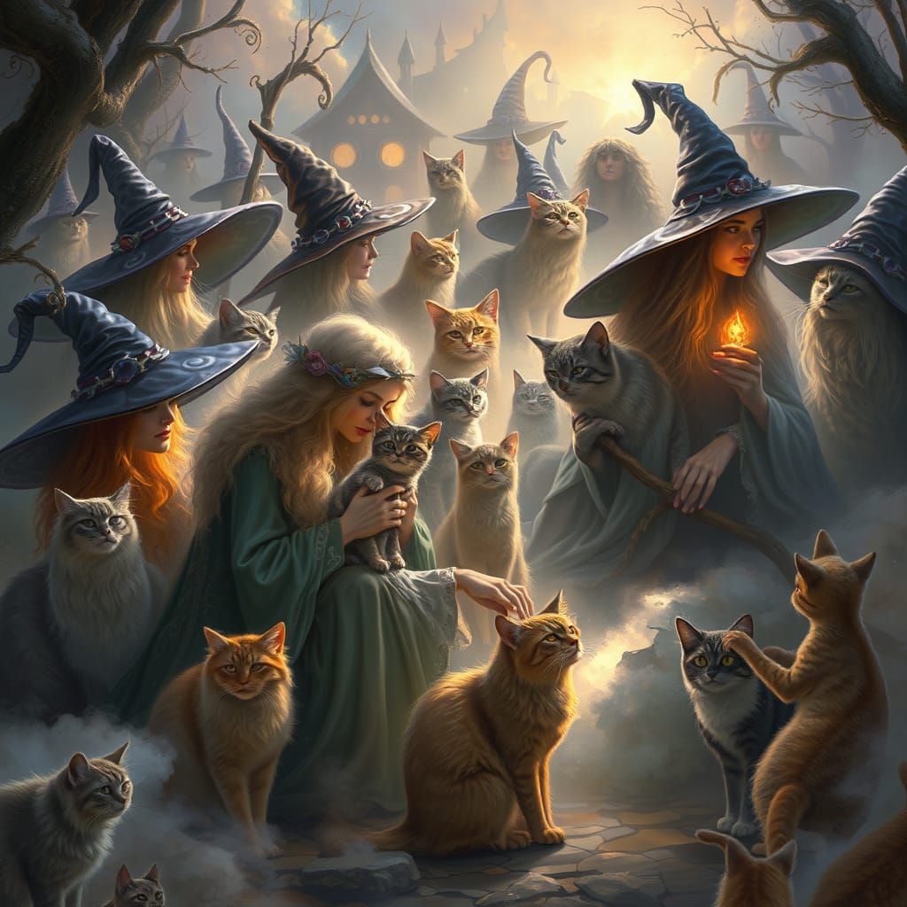 Ethereal Witches and Feline Familiars in Mystical Light