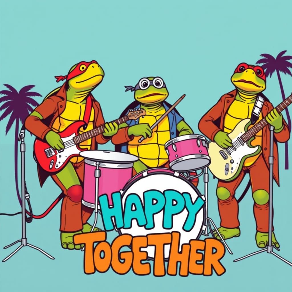 Anthropomorphic Turtles in 1960s Rock Band, Pop Art Style