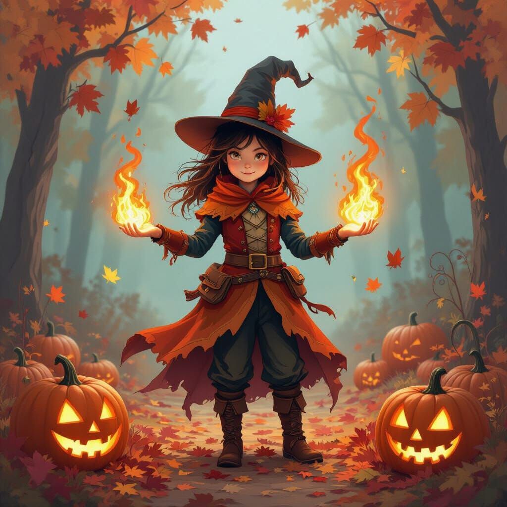 Pyrokinetic Halloween Figure with Fiery Costume and Autumn L...