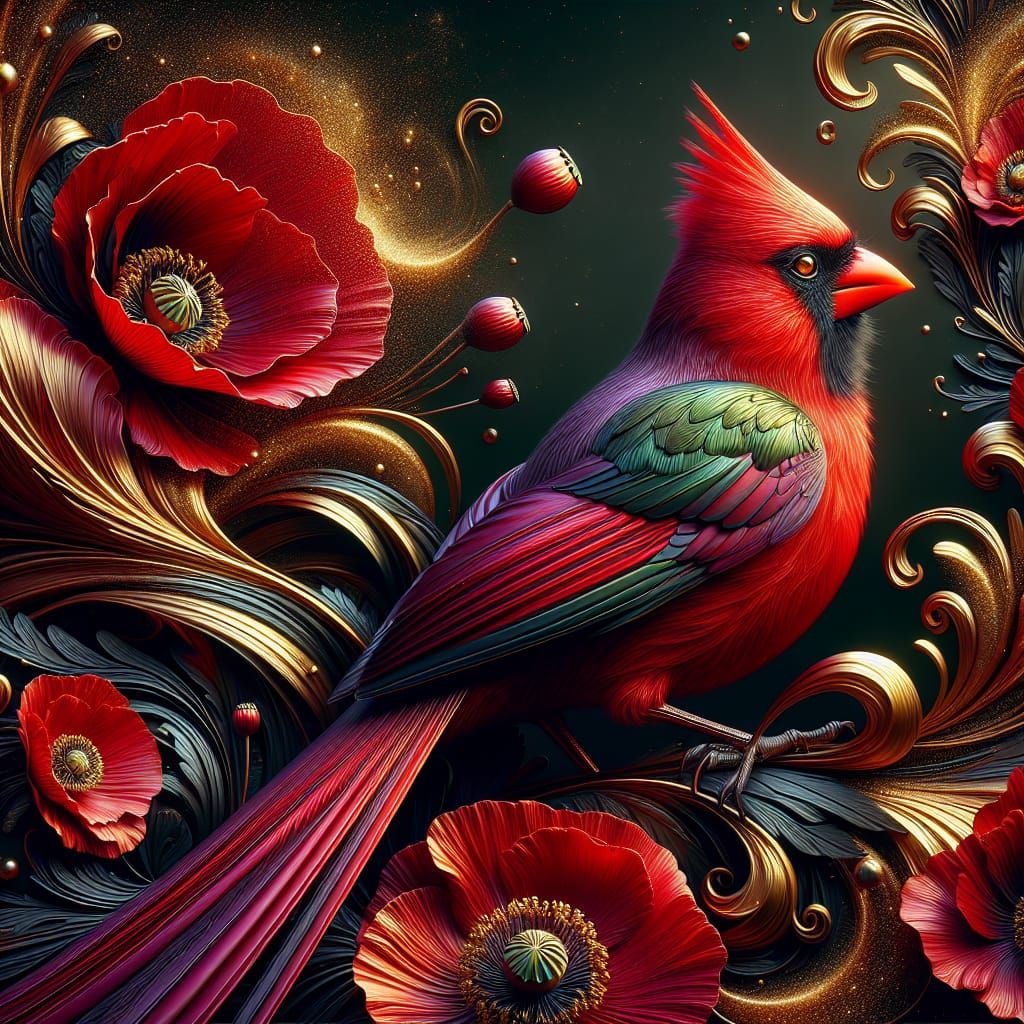 Crimson Cardinal Amidst Vibrant Poppies in Art Nouveau Style
