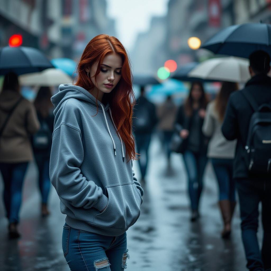 Melancholic Redhead Woman in Rain