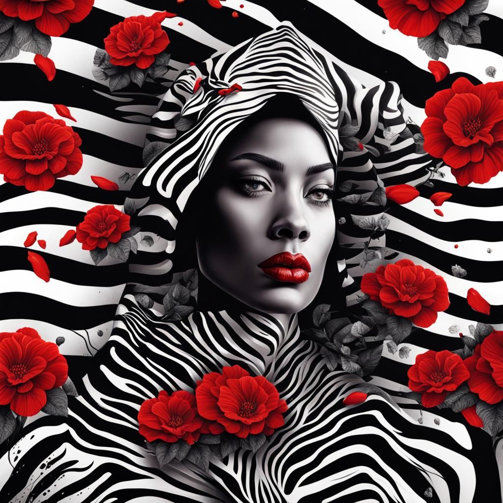 Zebra-Striped Woman Portrait with Red Floral Accents