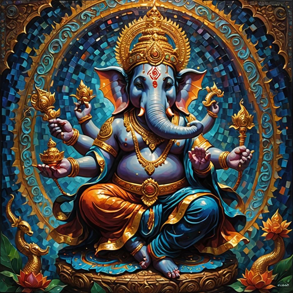 Ganesha as Wealthy God in Neo-Impressionist Oil Painting