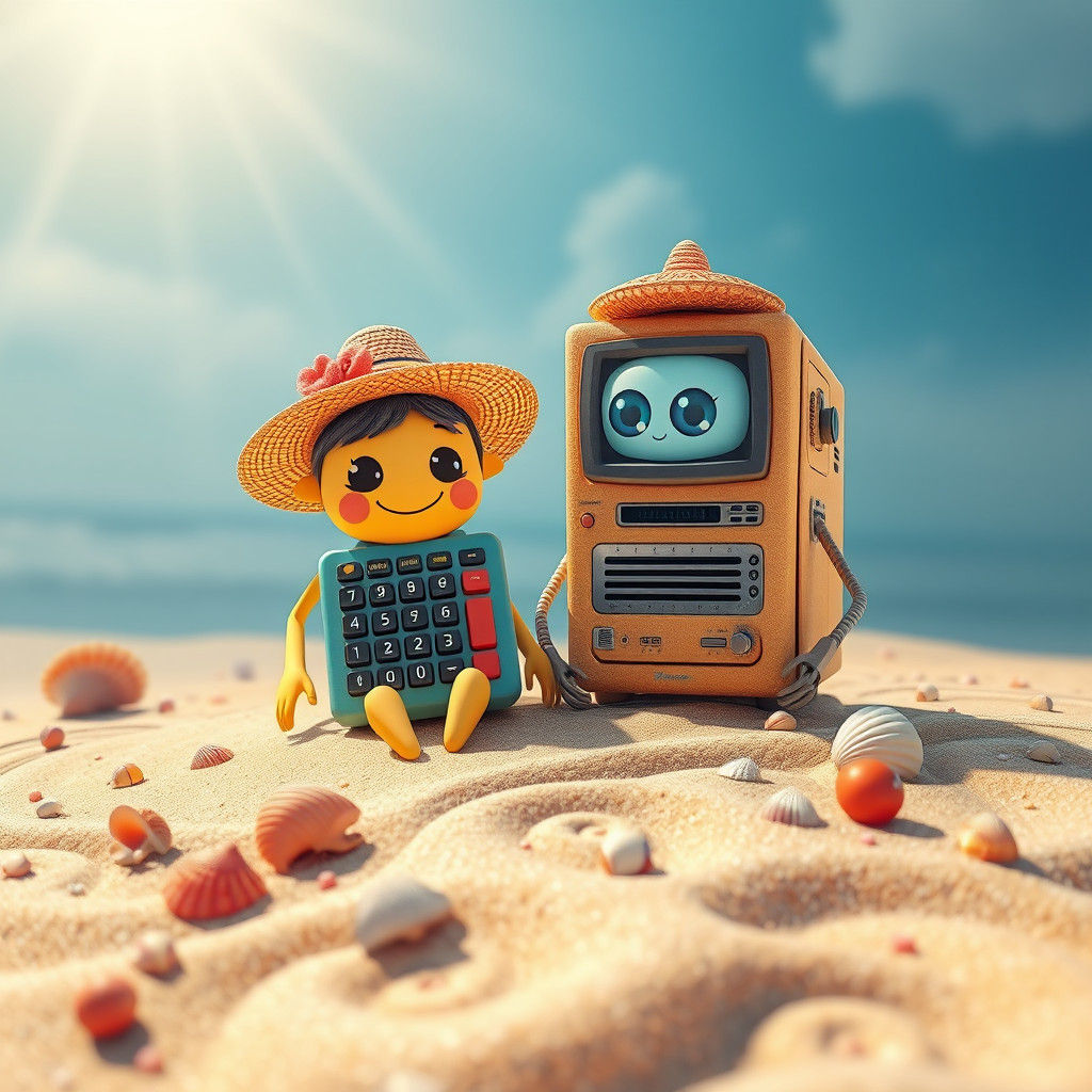 Calculator and Computer on a Beach in Digital Art Style