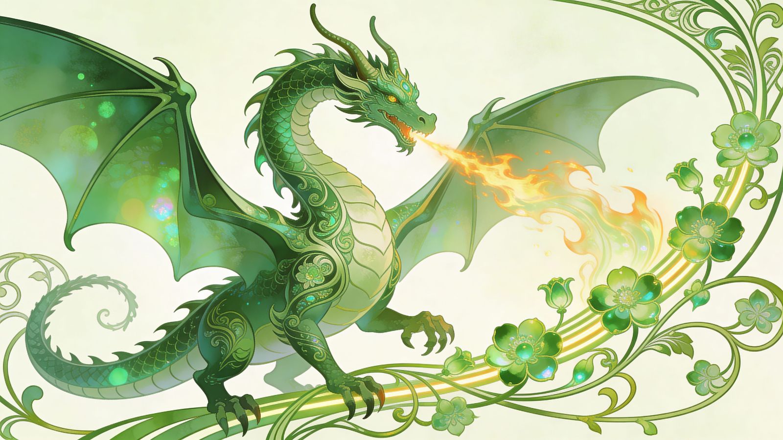 Art Nouveau Dragon Breathing Fiery Green Motifs