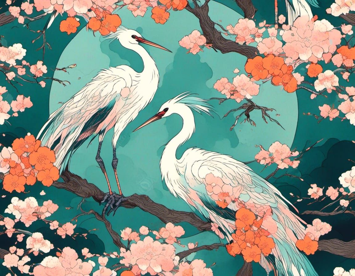 Japanese Cranes in Cherry Blossoms: Ukiyo-e Style