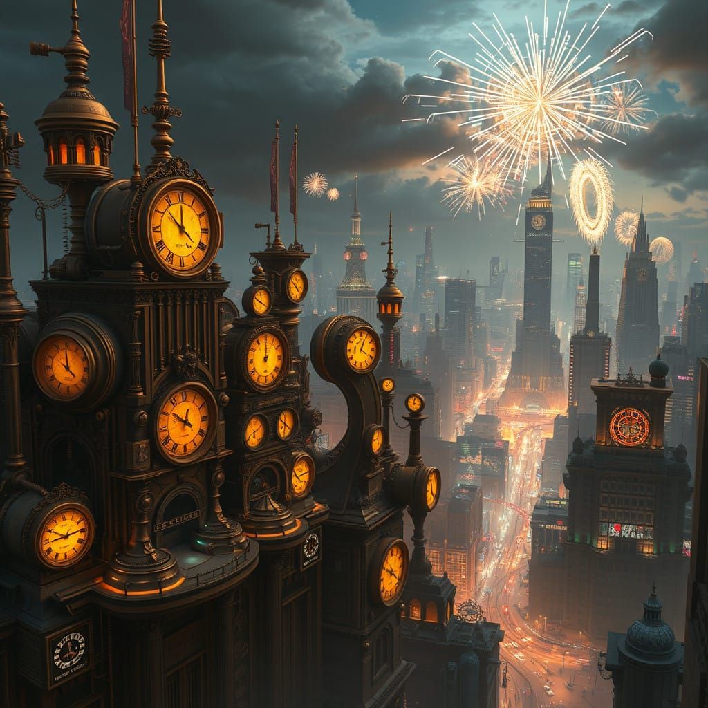 Golden Steampunk Metropolis on New Year's Eve