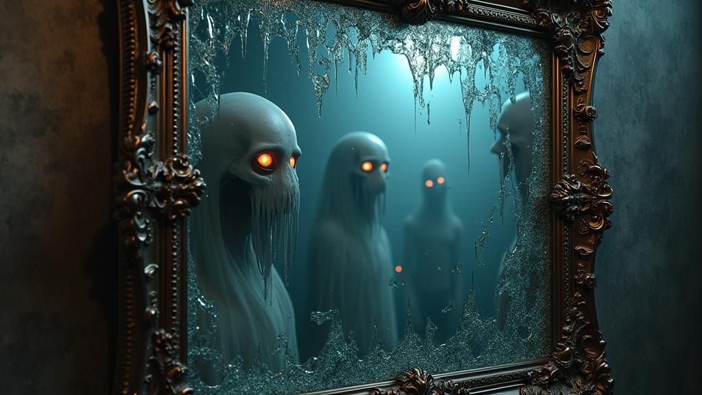 Shattered Baroque Mirror Reflecting Dark Surrealism