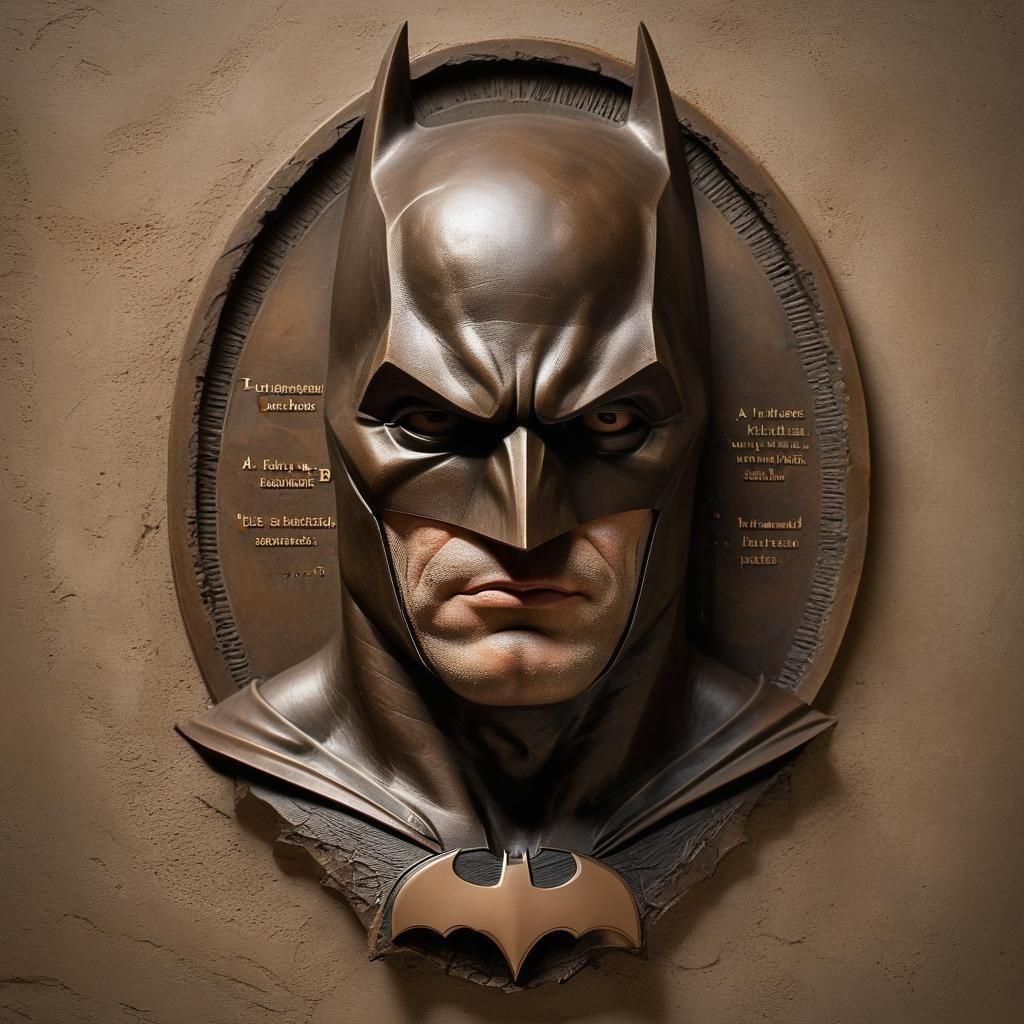 Bronze relief of Batman in the Hall of Justice.
