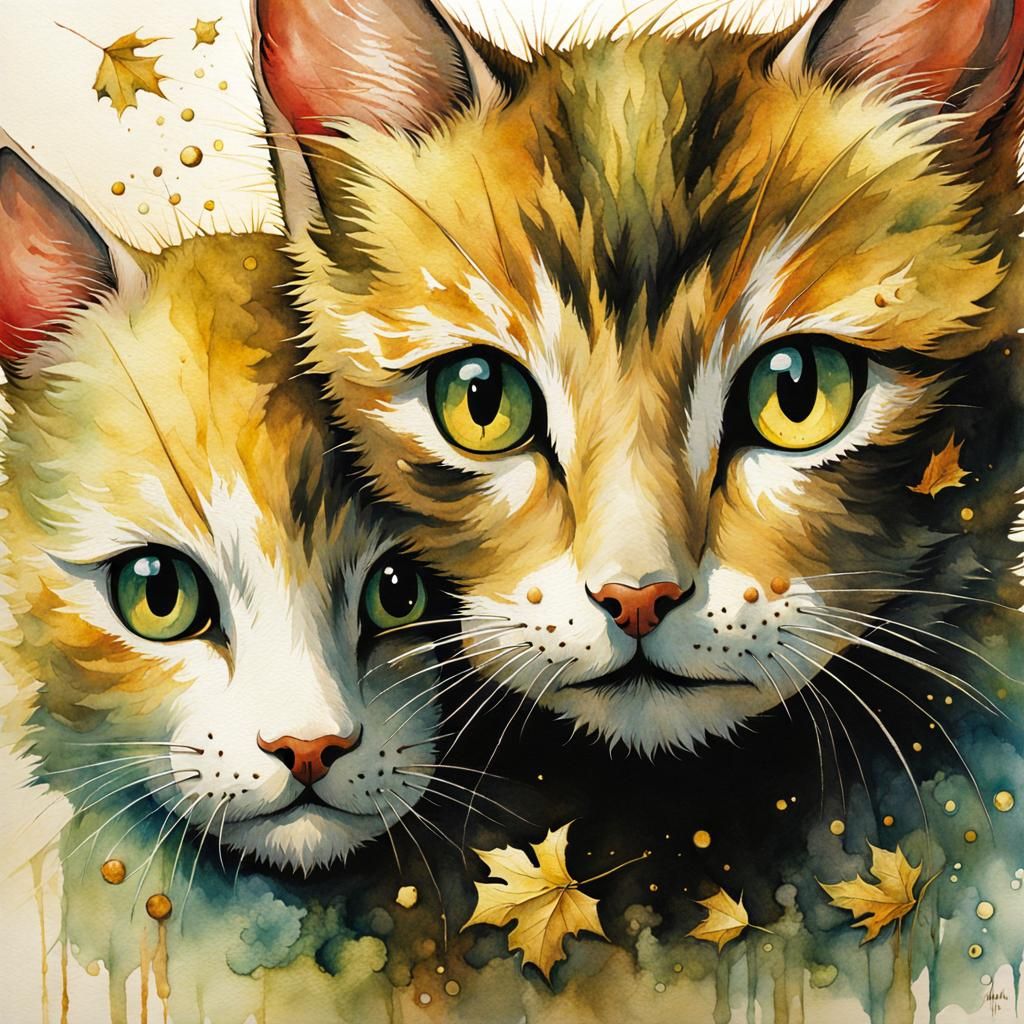 Elegant Watercolor Kittens with Gold Leaf