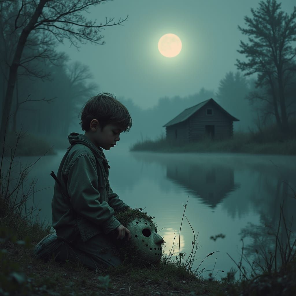 Eerie Hockey Mask in Ominous Woodland Scene