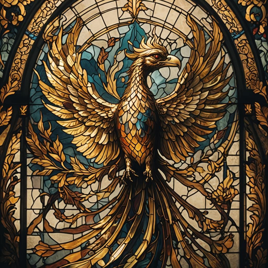 Stained Glass Golden Phoenix: Cinematic Still