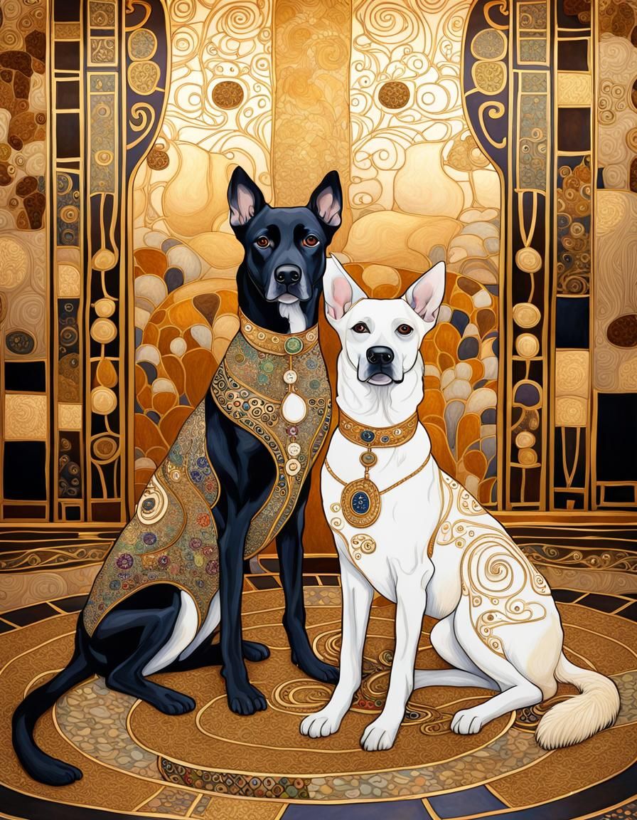 Klimt-Inspired Art Nouveau Dogs in Ornate Room