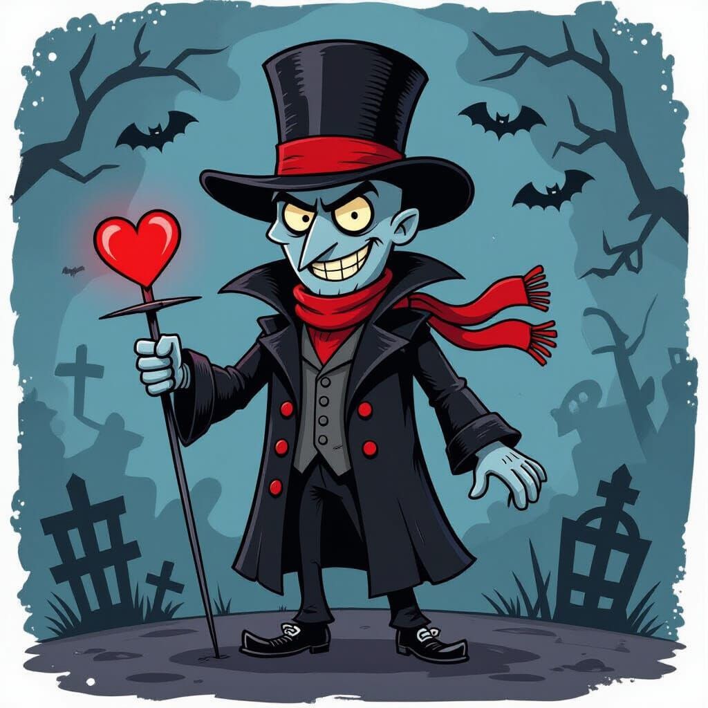 Scary Cartoon Character Holding a Red Heart on Spike