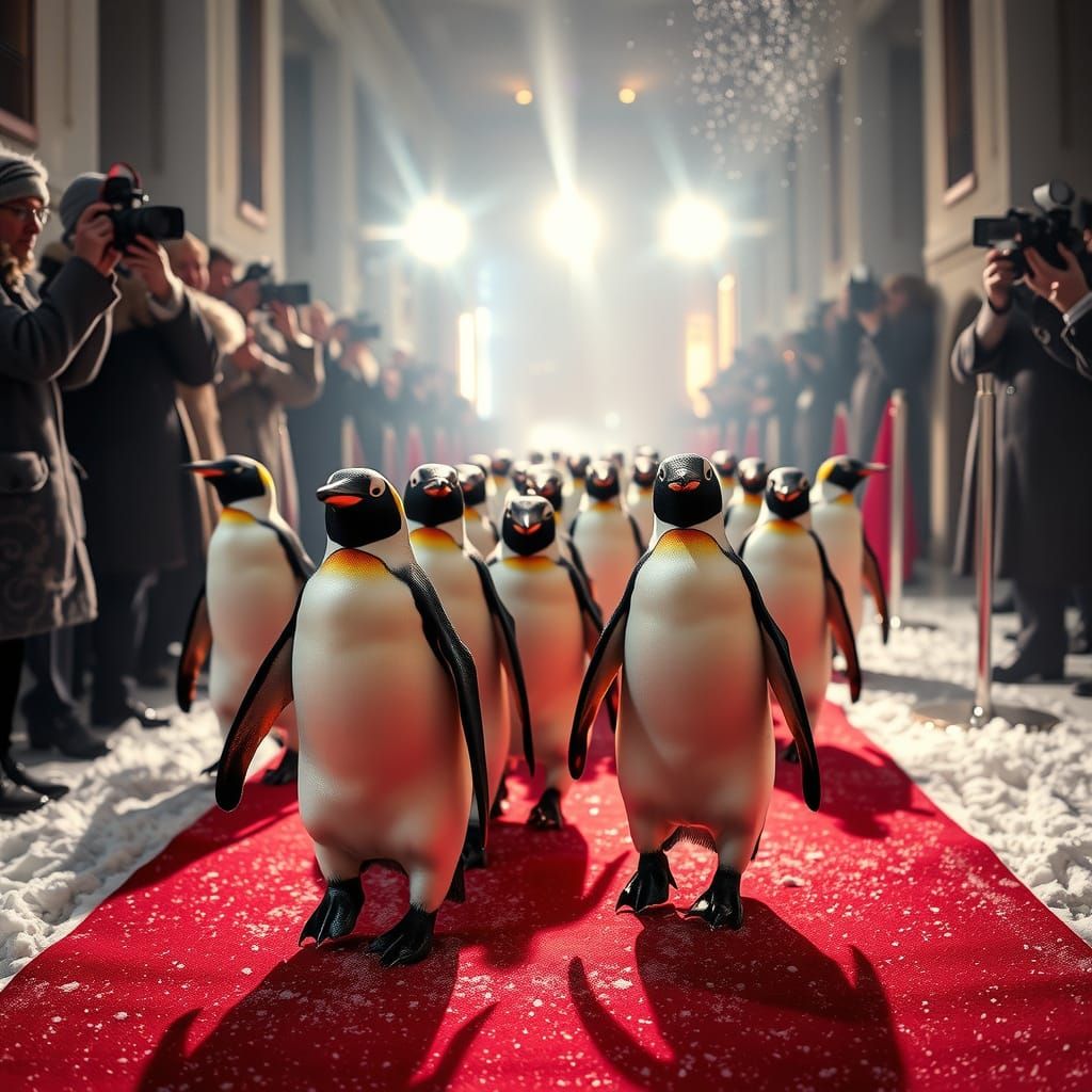 Debonair Penguins Strut Red Carpet in Snowy Tuxedo Chic