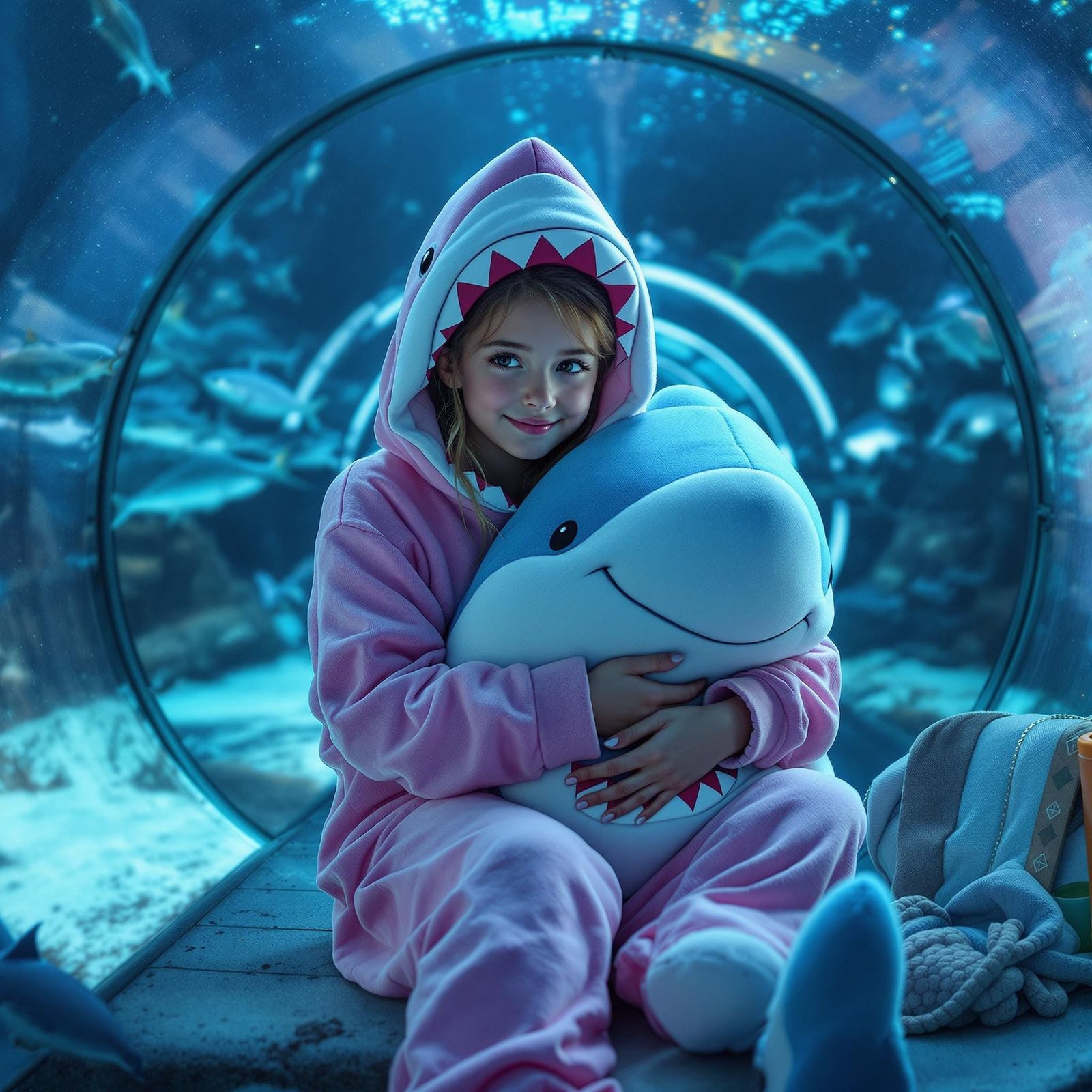 Girl in Shark Onesie with Sharks, Photorealistic
