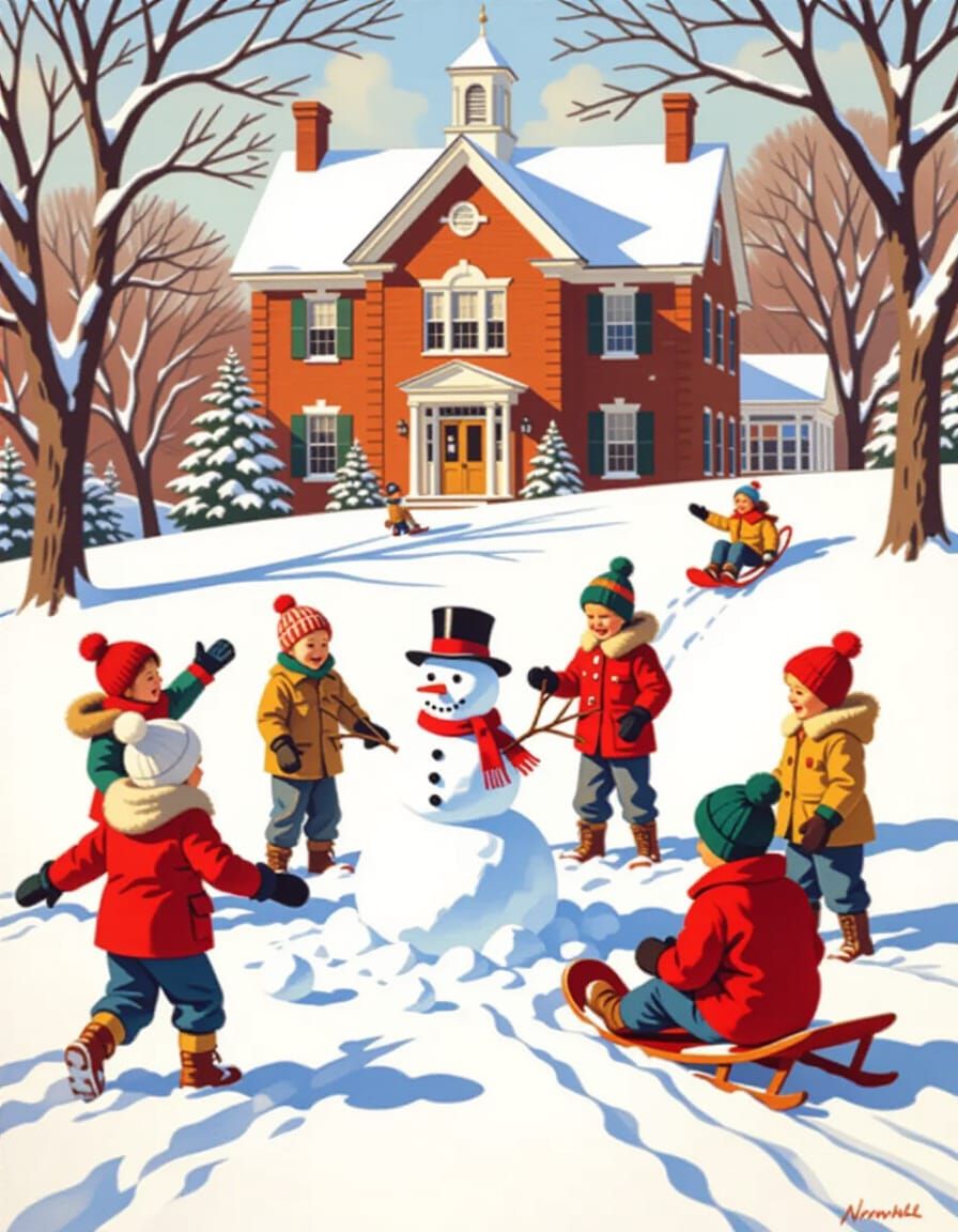 Norman Rockwell Style Snowy Playground Oil Painting