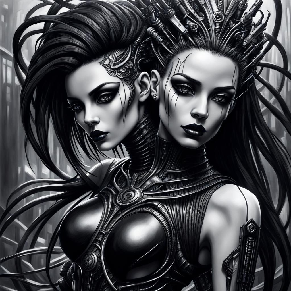 Gothic Cyberpunk Female Portrait in Black and White