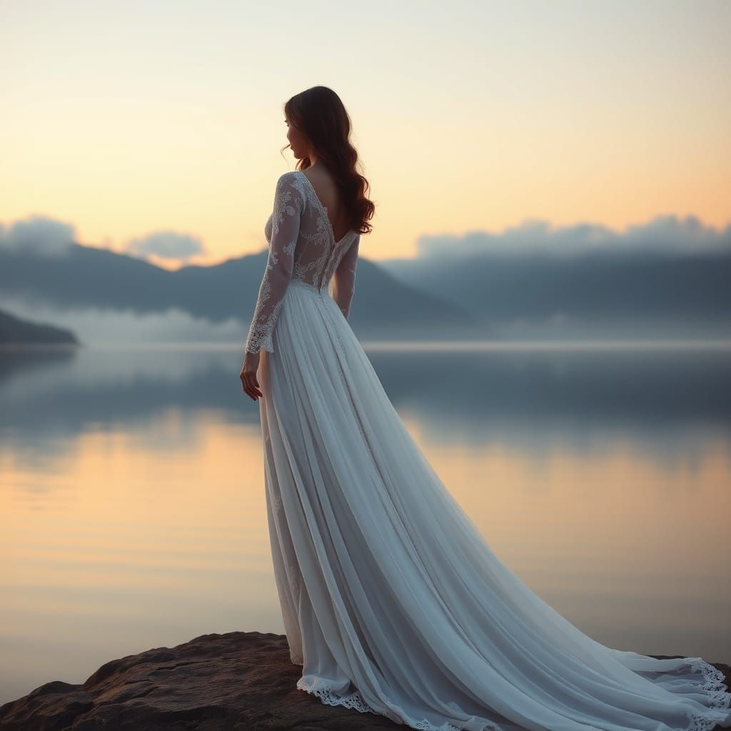 Ethereal Woman in Dreamlike Landscape with Misty Mountains