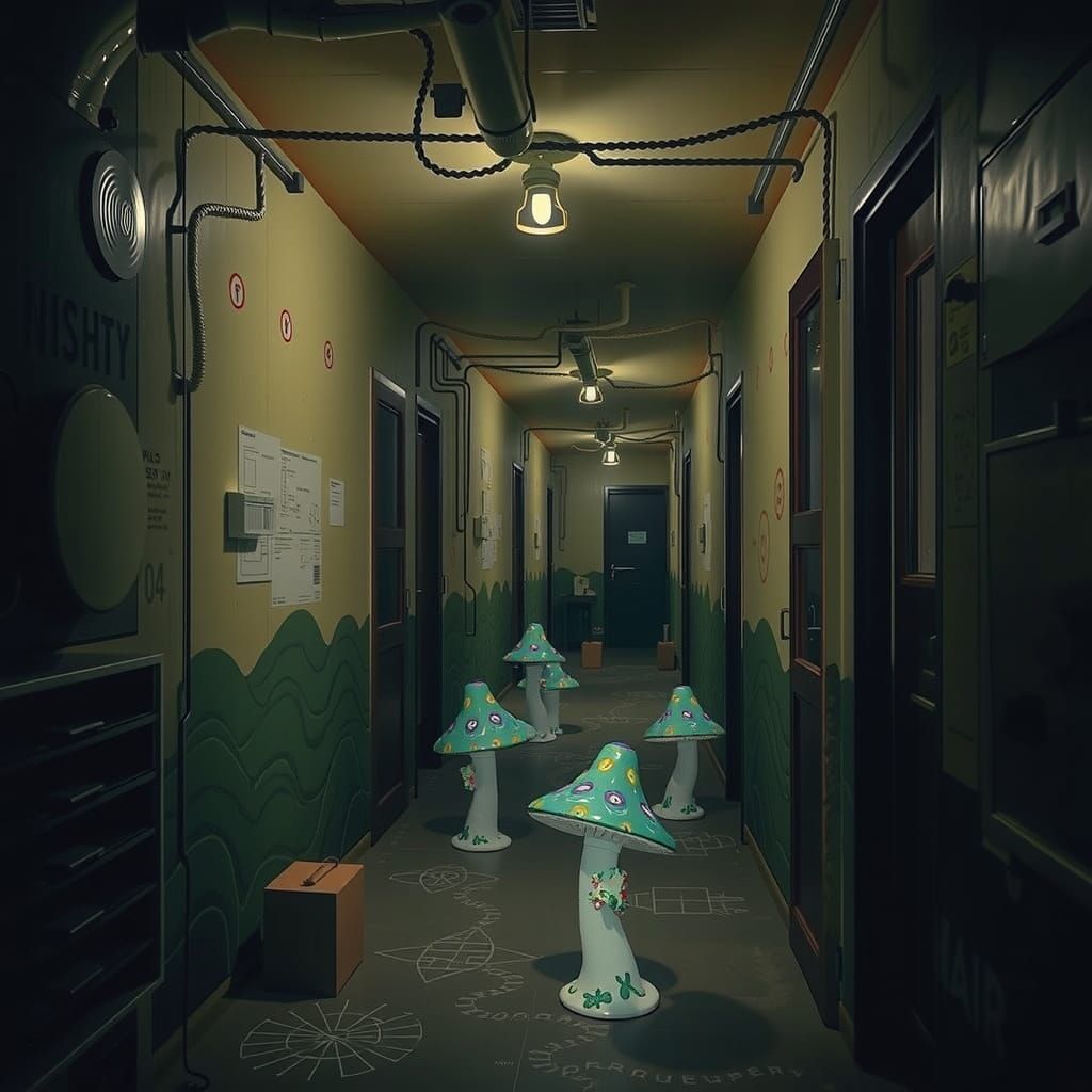 Surreal, Hyperreal Scene with Twisted Gum Cabin and Mushroom...