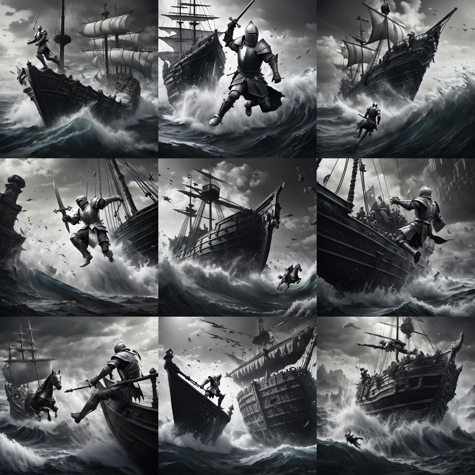 Knight's Descent: Black and White Ocean Fall