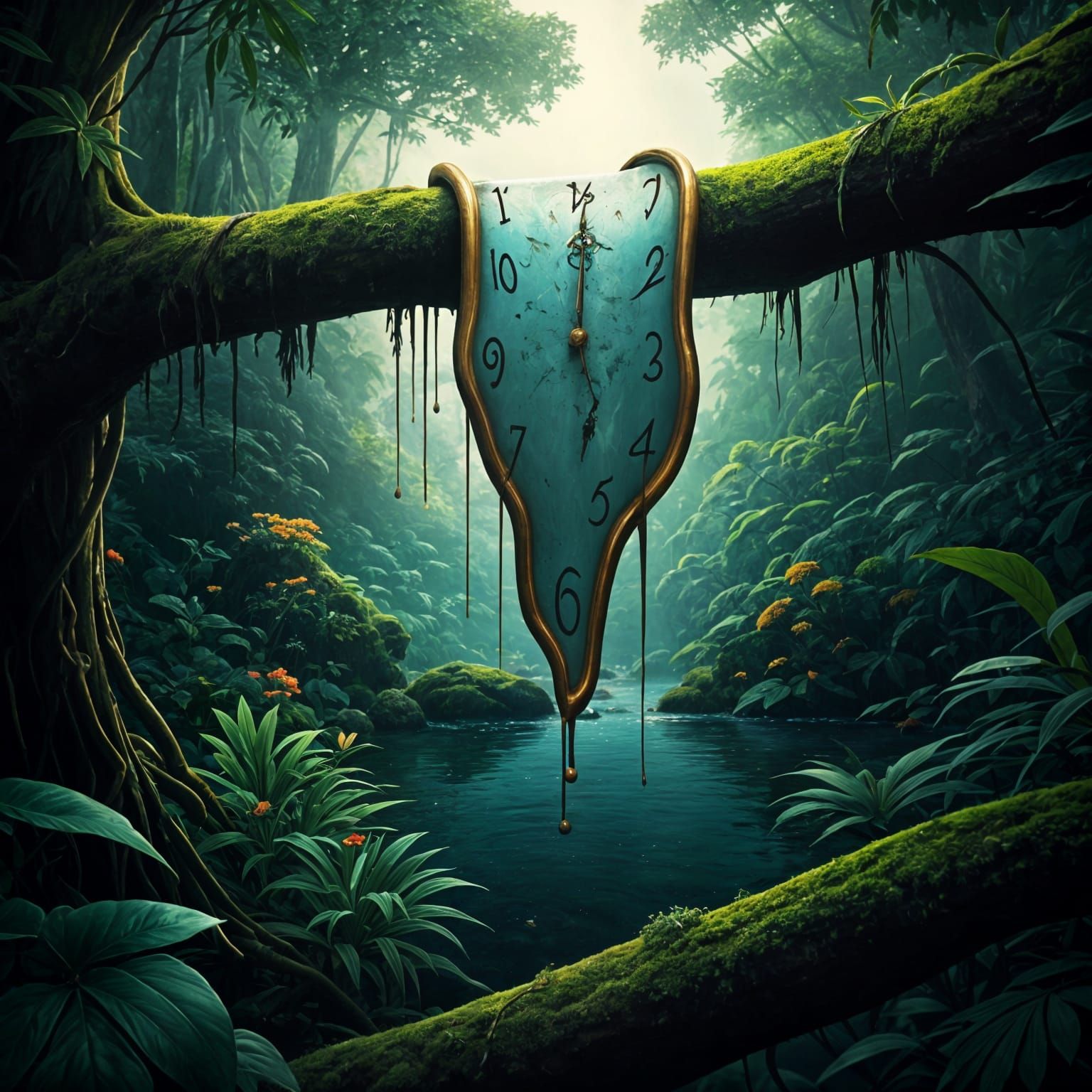 Surreal Melting Clock in Vibrant Rainforest