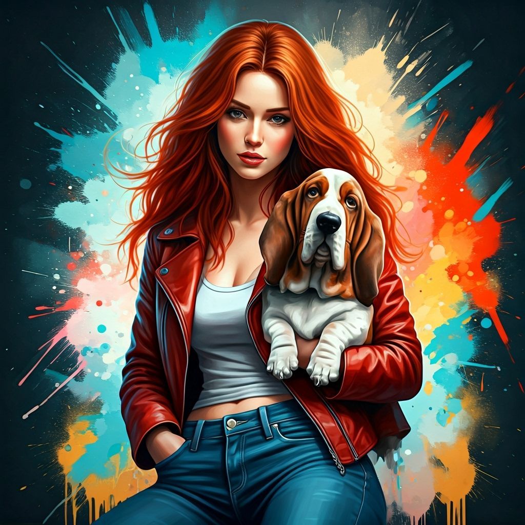 Woman and Basset Hound in Graffiti Art Style