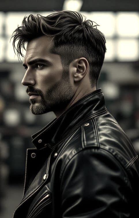 Man in Leather Jacket at Mechanic's Shop