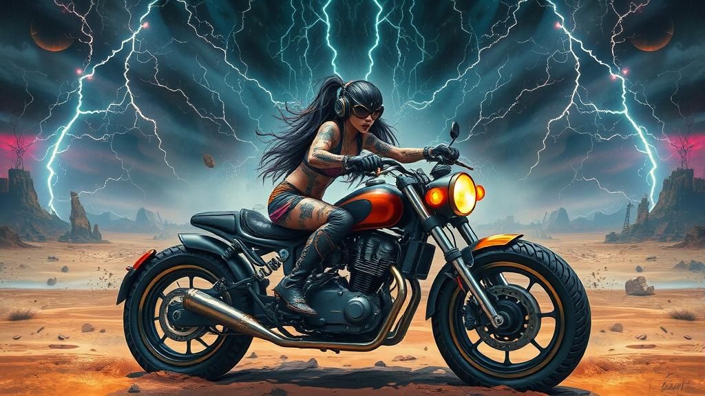 Cyberpunk Queen Rides Through Wasteland in Digital Art