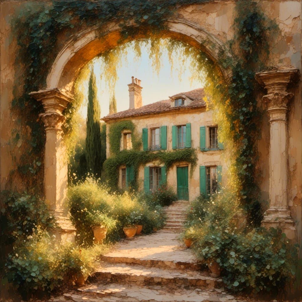 French Manor House in Provence: An Impressionist Oil Paintin...