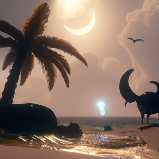 Beach Scene with Solar Eclipse, Detailed Matte Painting