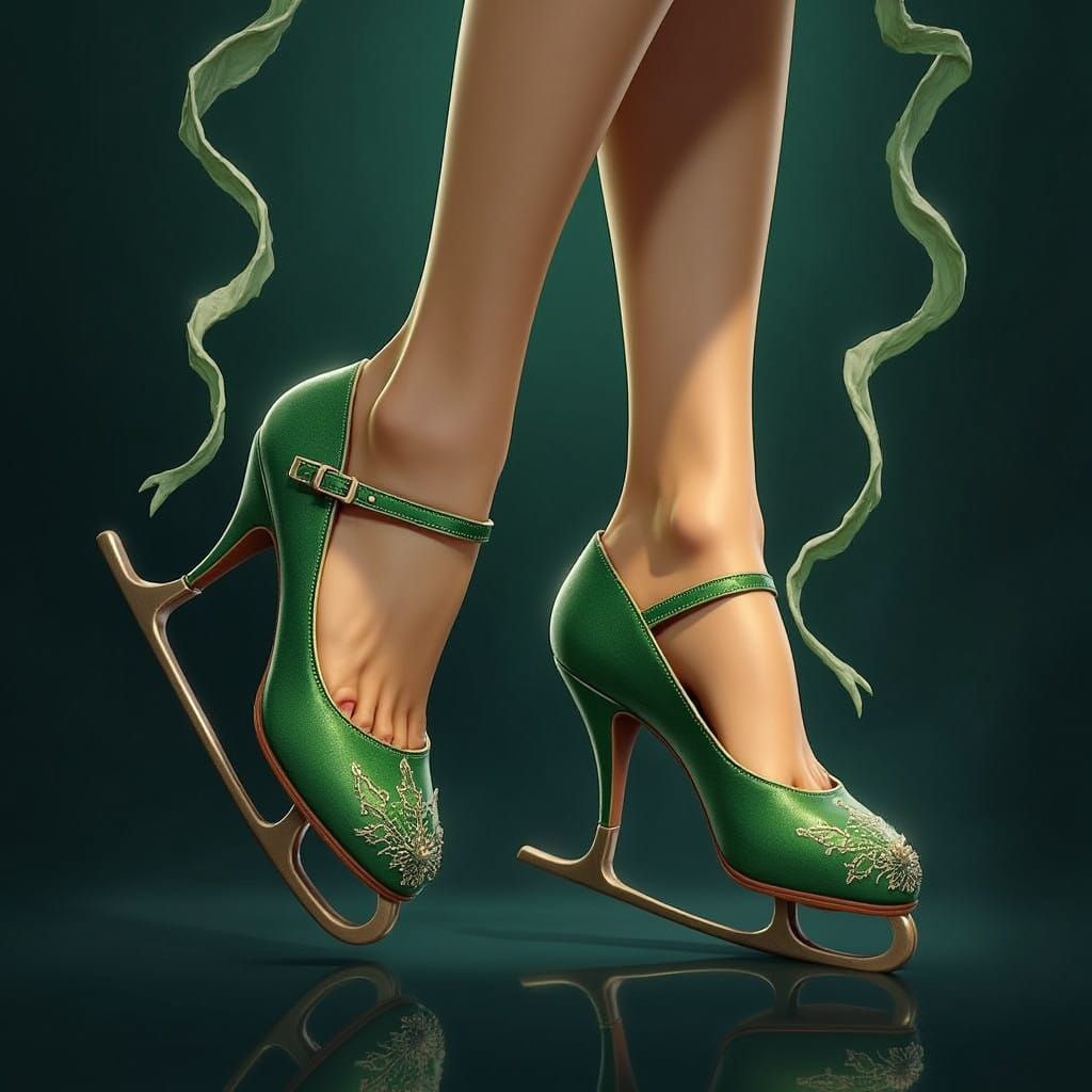 Elegant Fantasy Feet in Emerald Mary Jane Ice Skates