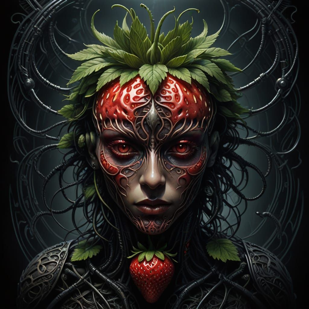 Surreal Strawberry Portrait in Dark Futuristic Style