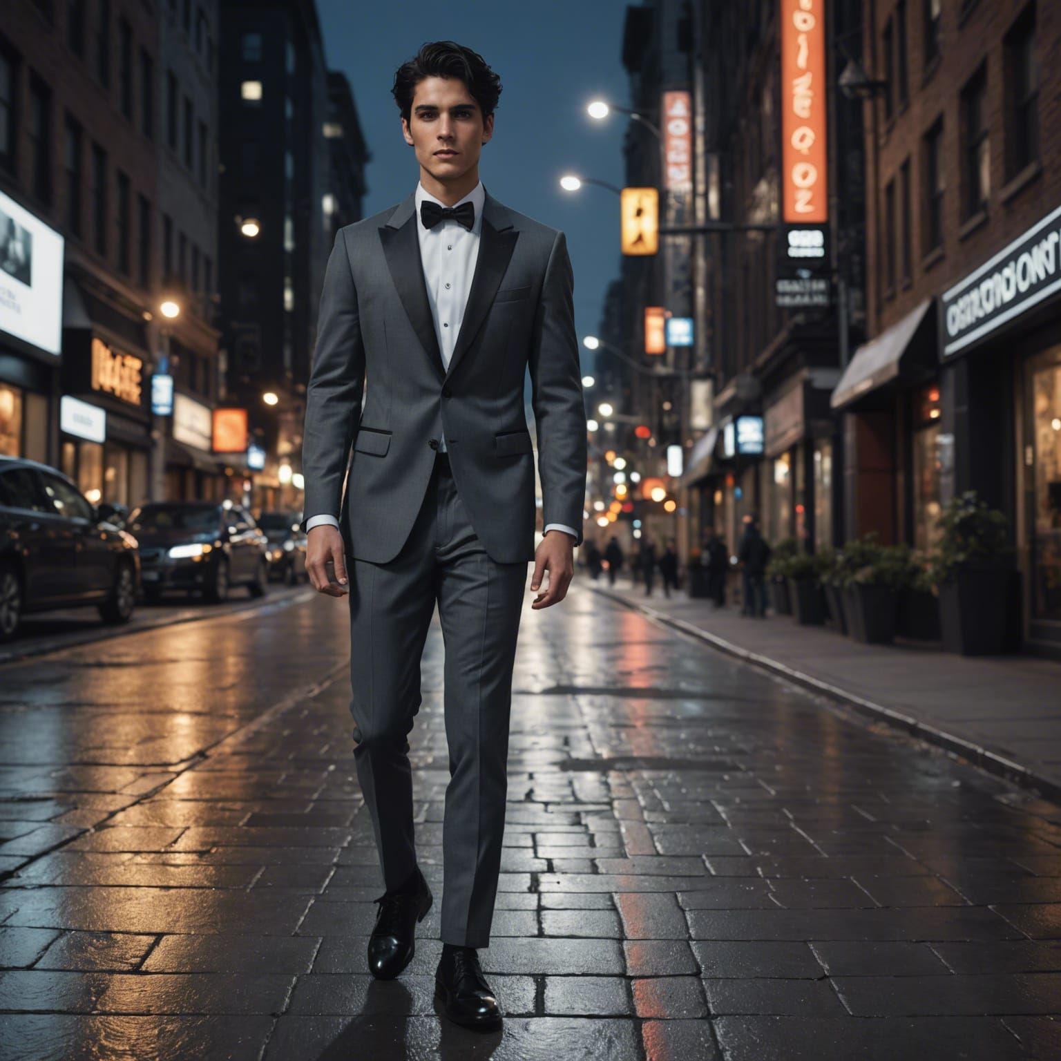 Young Man in Gray Tuxedo on City Sidewalk