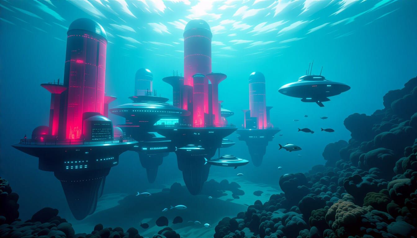 Alien Coral Reef Metropolis in Storm-Lit Ocean